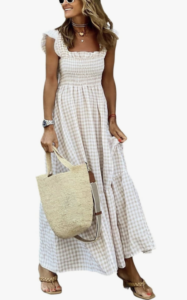chouyatou Women's Retro Plaid Smocked Dress Spaghetti Strap Flounce Long Dress